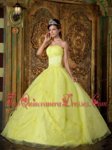 Yellow Ball Gown Strapless Floor-length Appliques Organza Quinceanera Dress