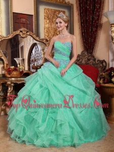 Apple Green Ball Gown Sweetheart Organza Appliques and Ruched Quinceanera Dress