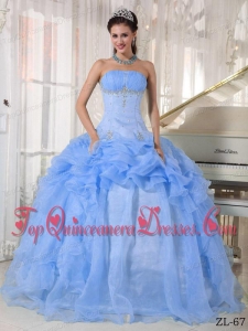 Baby Blue Ball Gown Strapless Floor-length Organza Beading Quinceanera Dress