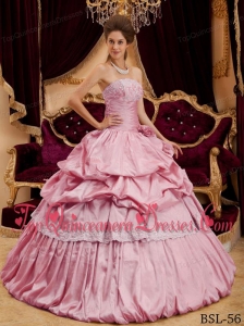 Beautiful Ball Gown Strapless Floor-length Taffeta Appliques Pink Quinceanera Dress