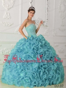 Blue Ball Gown Strapless Floor-length Organza Beading Quinceanera Dress