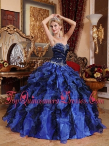 Blue and Black Sweetheart Floor-length Beading and Ruffles Quinceanera Dress