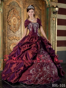 Burgundy Ball Gown Strapless Floor-length Taffeta Embroidery Quinceanera Dress