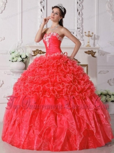 Coral Red Ball Gown Strapless Floor-length Organza Embroidery with Beading Quinceanera Dress