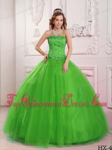 Elegant Ball Gown Strapless Floor-length Tulle Beading Spring Green Quinceanera Dress