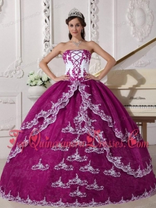 Fuchsia and White Ball Gown Strapless Floor-length Organza Appliques Quinceanera Dress