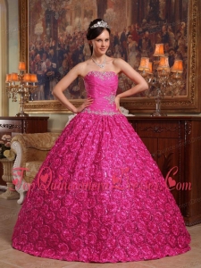 Hot Pink Ball Gown Strapless Floor-length Fabric With Roling Flowers Appliques Quinceanera Dress