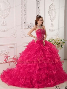 Hot Pink Ball Gown Strapless Floor-length Organza Ruffles And Embroidery Quinceanera Dress