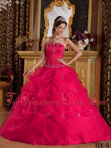 Hot Pink Ball Gown Strapless Floor-length Pick-ups Tulle Quinceanera Dress