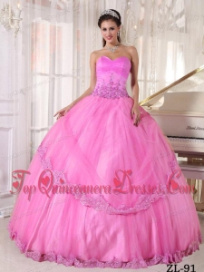 Hot Pink Ball Gown Sweetheart Floor-length Taffeta and Tulle Appliques Quinceanera Dress