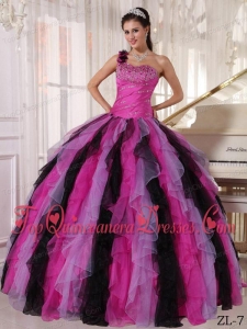 Multi-colored Ball Gown One Shoulder Floor-length Organza Beading and Ruffles Quinceanera Dress