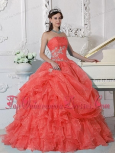 Orange Red Ball Gown Strapless Floor-length Organza Beading Quinceanera Dress