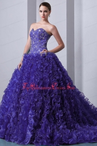 Purple A-Line / Princess Sweetheart Brush Train Organza Beading and Ruffles Quinceanea Dress