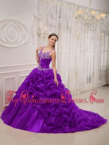 Purple Ball Gown Spaghetti Straps Court Train Organza Beading Quinceanera Dress