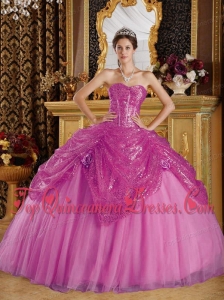 Purple Ball Gown Sweetheart Floor-length Sequined and Tulle Handle Flowers Quinceanera Dress