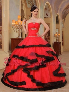 Red and Black Strapless Floor-length Appliques Quinceanera Dress