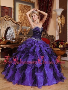 Sweetheart Beading and Ruffles Quinceanera Dress in Purple and Black