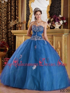 Teal Ball Gown Sweetheart Floor-length Appliques Tulle Quinceanera Dress