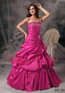 A-Line / Princess Strapless Hot Pink Taffeta Beading Quinceanera Dress