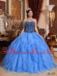 Blue Ball Gown Sweetheart Floor-length Organza Embroidery with Beading Quinceanera Dress
