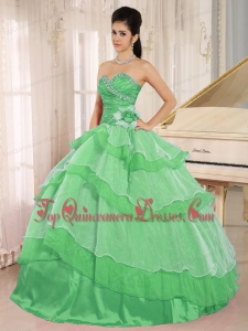 Green Sweetheart Beaded Decorate and Ruched Bodice Ruffled Layeres Quinceanera Dress In 2013