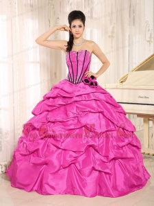 Hot Pink Beaded and Hand Made Flowers Quinceanera Dress With Pick-ups