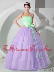Lavender and Green Strapless Floor-length Sash and Ruching Quinceanea Dress