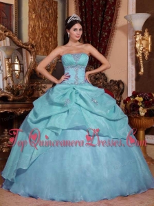 Light Blue Ball Gown Strapless Floor-length Organza Beading Quinceanera Dress