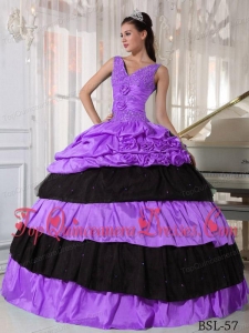 Lilac and Black V-neck Floor-length Taffeta Beading Quinceanera Dress