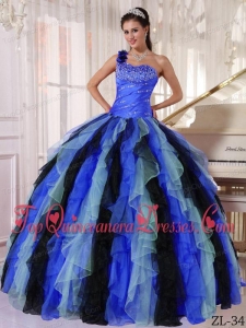 Multi-colored Ball Gown One Shoulder Floor-length Organza Beading and Ruffles Quinceanera Dress