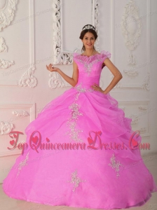 Pink Ball Gown V-neck Floor-length Taffeta and Organza Appliques with Beading Quinceanera Dress