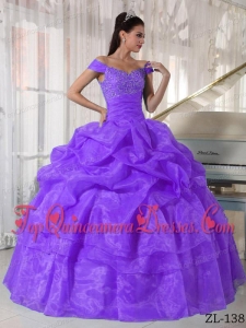 Purple Ball Gown Off The Shoulder Floor-length Taffeta and Organza Beading Quinceanera Dress