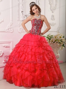 Red Ball Gown Sweetheart Floor-length Organza Beading Quinceanera Dress