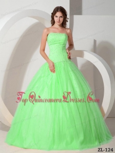 Spring Green Strapless Floor-length Tulle Beading Quinceanera Dress