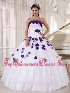 White and Purple Strapless Beading and Hand Made Flowers Quinceanera Dress