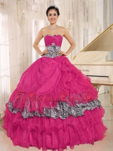 Wholesale Coral Red Sweetheart Ruffles Quinceanera Dress With Zebra and Beading