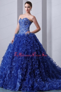 Blue A-Line / Princess Sweetheart Brush Train Organza Beading and Ruffles Quinceanea Dress