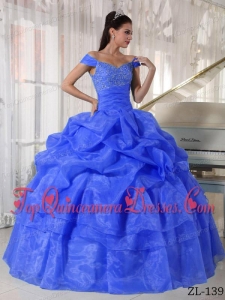 Blue Ball Gown Off The Shoulder Floor-length Taffeta and Organza Beading Quinceanera Dress