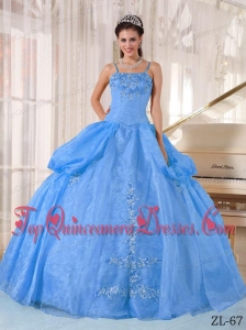 Blue Ball Gown Spaghetti Straps Floor-length Taffeta and Organza Appliques Quinceanera Dress