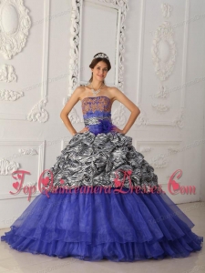 Blue Ball Gown Strapless Chapel Train Zebra and Organza Quinceanera Dress