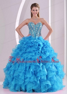 Blue Sweetheart Organza 2014 Quinceanera Gowns with Fitted Waist