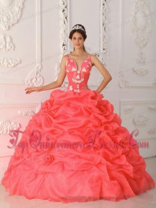 Coral Red Ball Gown Straps Floor-length Satin and Organza Appliques Quinceanera Dress