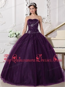 Dark Purple Ball Gown Sweetheart Floor-length Tulle Rhinestone Quinceanera Dress