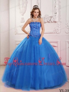 Elegant Ball Gown Strapless Floor-length Tulle Beading Blue Quinceanera Dress