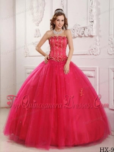 Elegant Ball Gown Strapless Floor-length Tulle Beading Hot Pink Quinceanera Dress