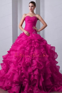 Fuchsia A-Line / Princess Sweetheart Brush Train Organza Beading and Ruffles Quinceanea Dress