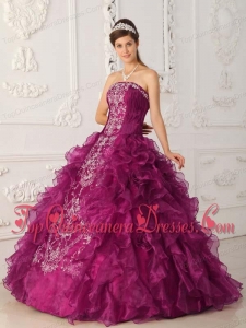 Fuchsia Ball Gown Strapless Floor-length Satin and Organza Embroidery Quinceanera Dress