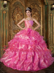 Hot Pink Ball Gown Strapless Floor-length Beading and Ruffles Quinceanera Dress