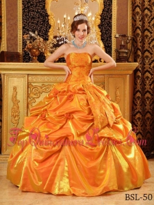 Popular Ball Gown Strapless Floor-length Taffeta Handle Flowers Orange Quinceanera Dress