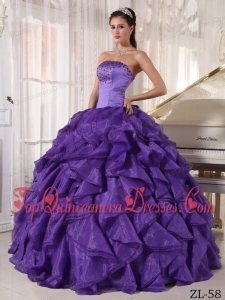 Purple Ball Gown Strapless Floor-length Satin and Organza Beading Quinceanera Dress